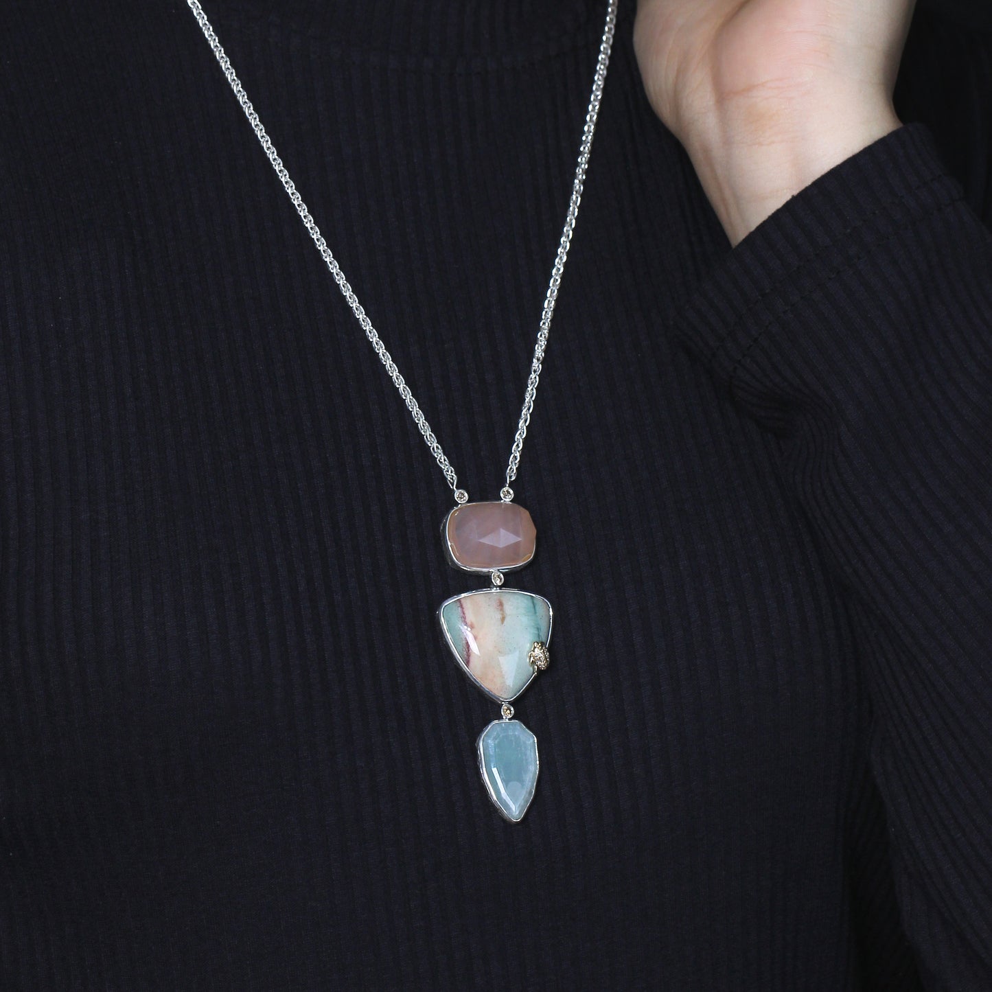 One of a Kind Smooth Sunset Jasper  Facet Top Flat Back Pink Chalcedony Facet Top Natural Quartz Top Over Green Agate and 0.28ct Diamond Pendant in Sterling Silver with 18K Gold Diamond Pave Adam