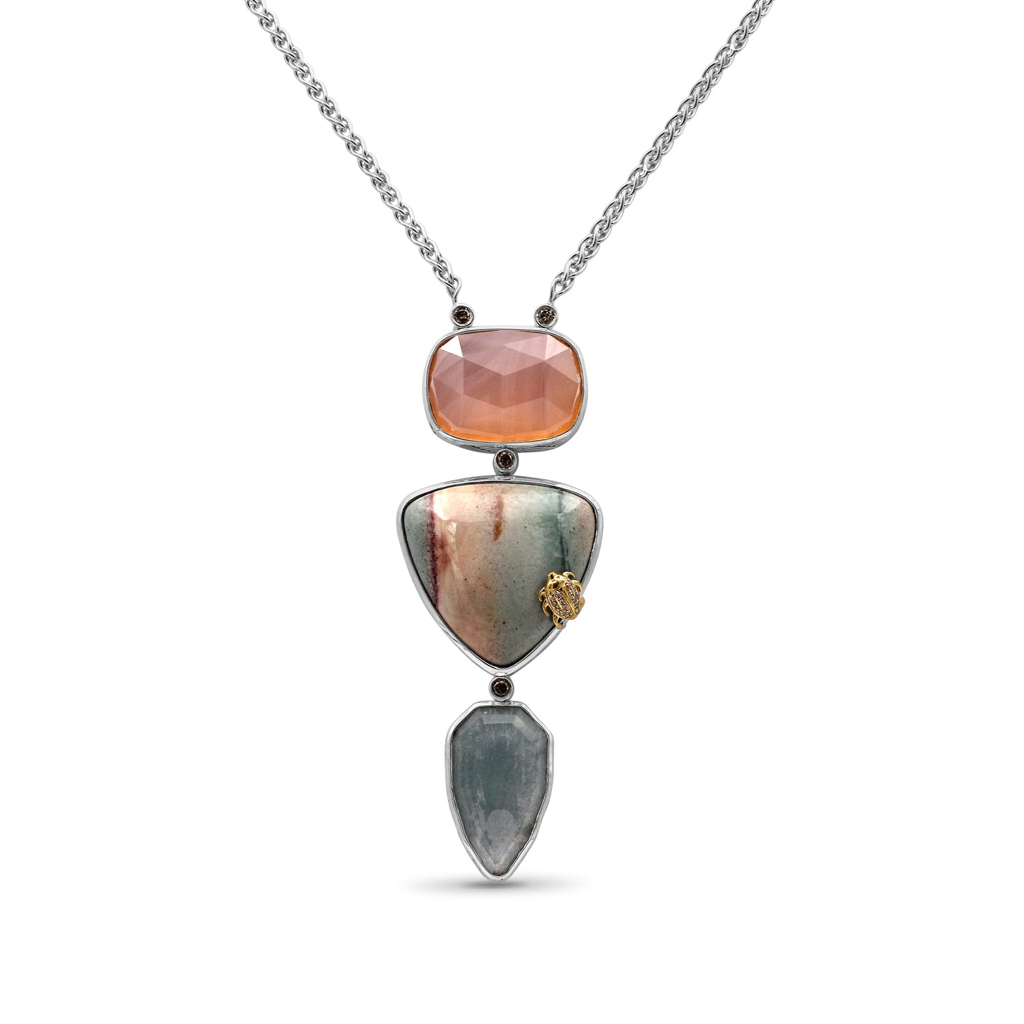 One of a Kind Smooth Sunset Jasper  Facet Top Flat Back Pink Chalcedony Facet Top Natural Quartz Top Over Green Agate and 0.28ct Diamond Pendant in Sterling Silver with 18K Gold Diamond Pave Adam