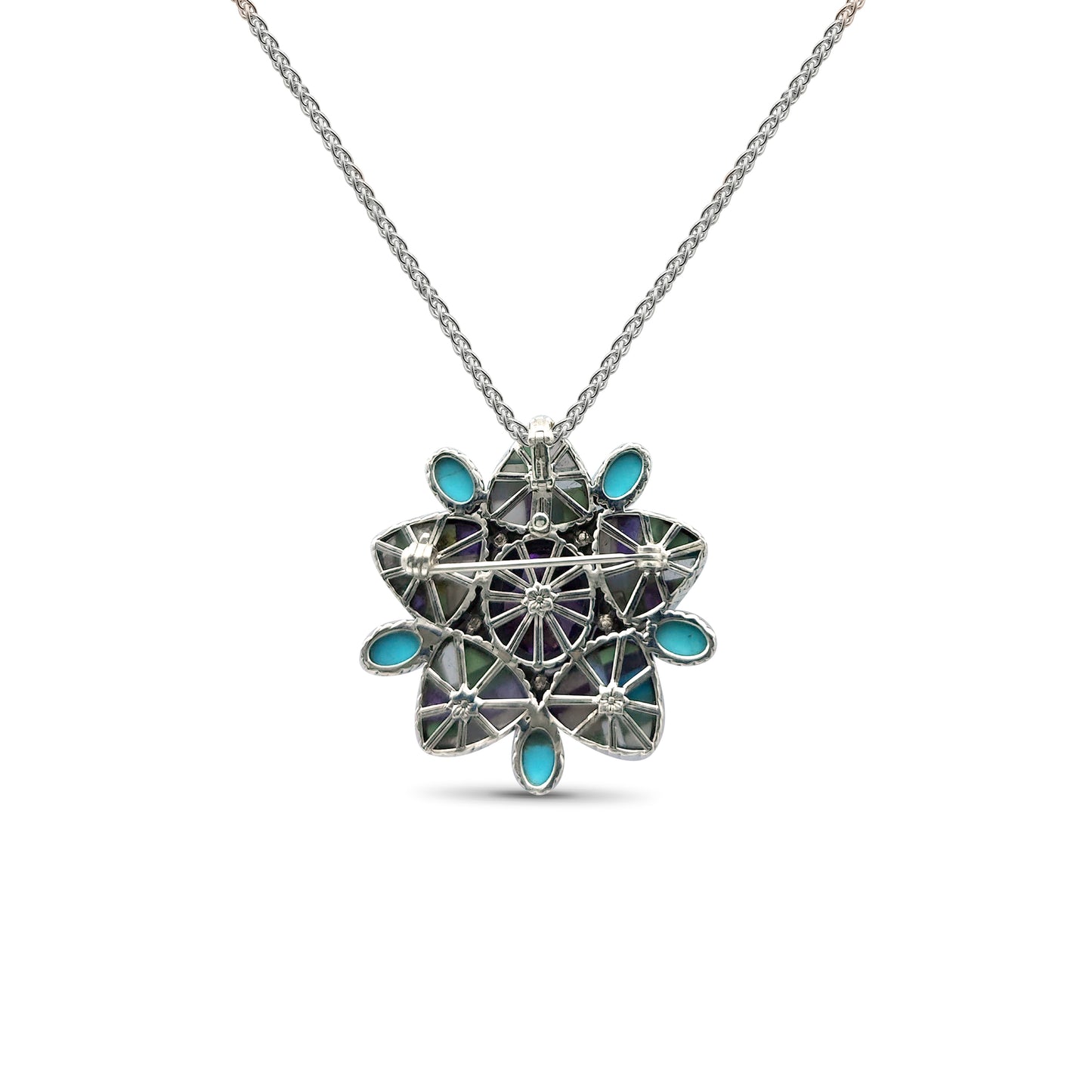 One of a Kind Pastel Color Mosaic Smooth Turquoise Facet Amethyst and Diamonds 0.10ct Pendant-Pin in Sterling Silver with 18K Gold Adam