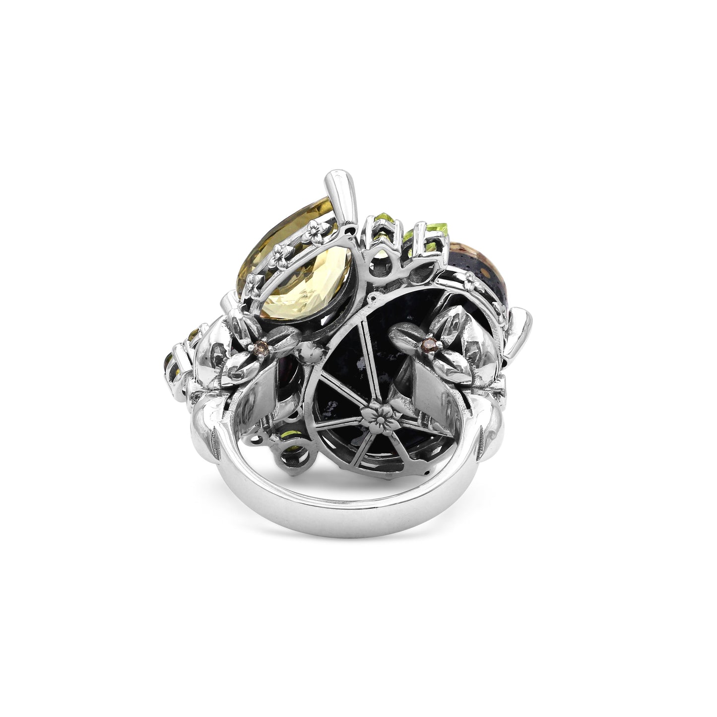 One of a Kind Olive Quartz Peridot Taupe Pearl Facet Olive Quartz Smooth Olive Turquoise and Diamond 0.31ct Ring in Sterling Silver with 18K Gold Diamond Pave Adam