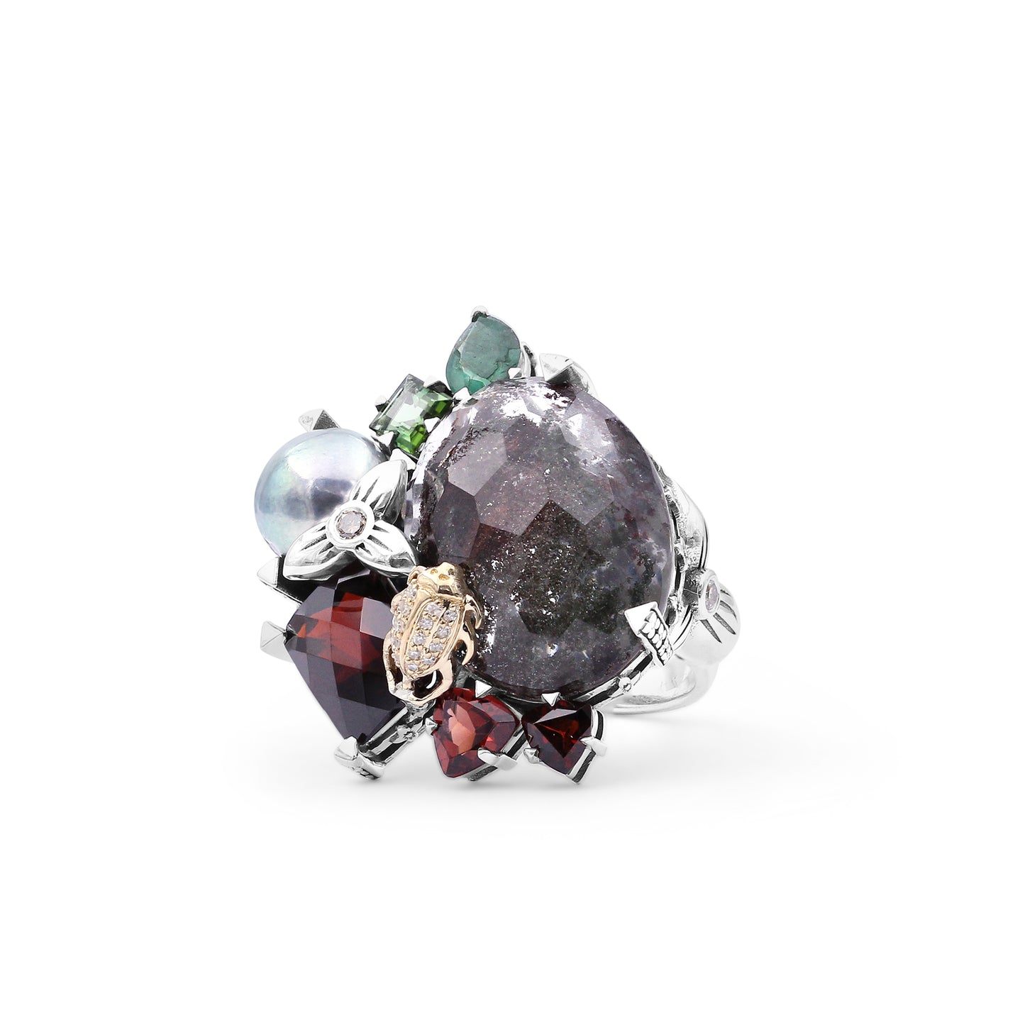 One of a Kind Orissa Garnet Green Tourmaline Green Pearl Emerald Facet Garnet Facet Flat back Red Moss Quartz  and Diamond 0.17ct Ring in Sterling Silver with 18K Gold Diamond Pave Adam