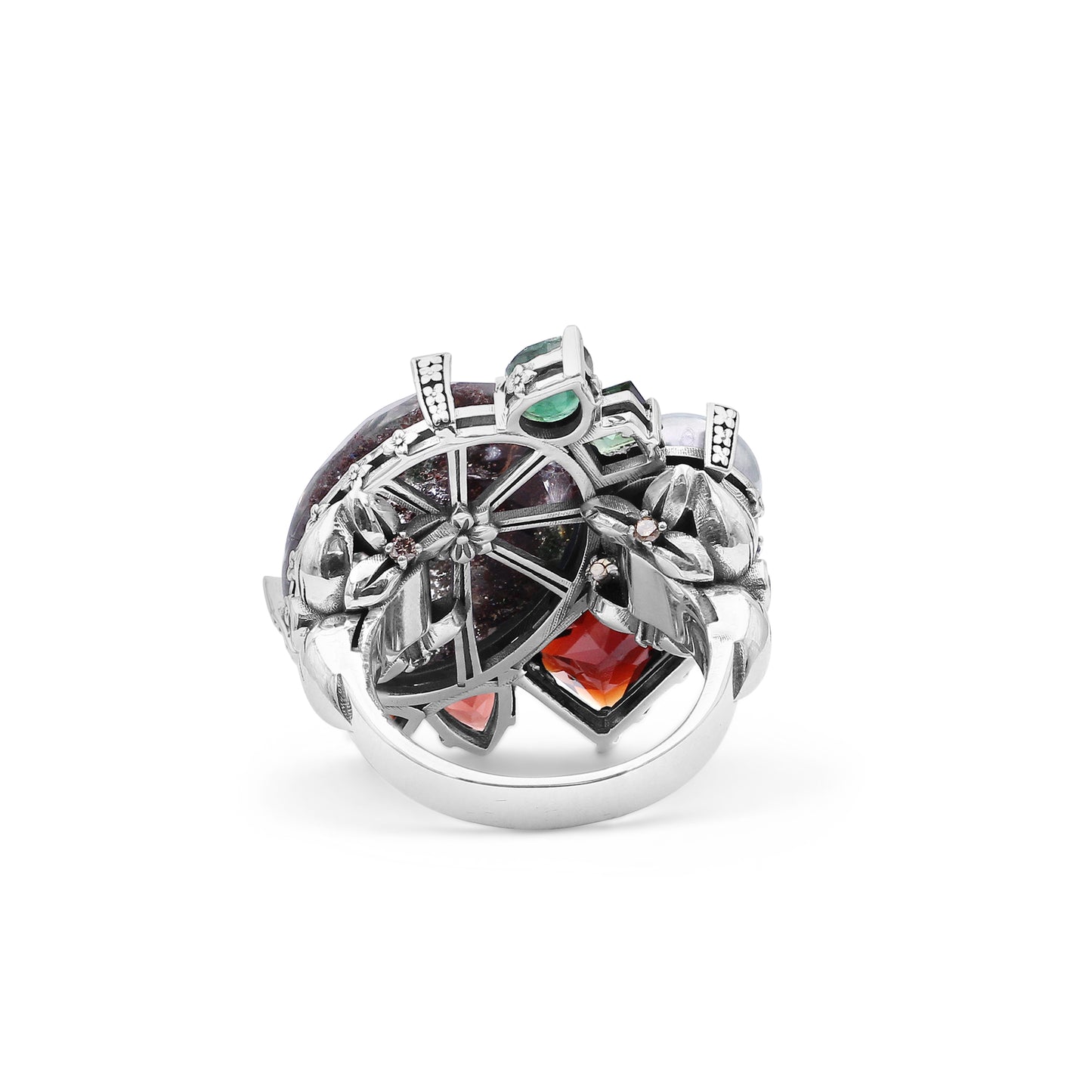 One of a Kind Orissa Garnet Green Tourmaline Green Pearl Emerald Facet Garnet Facet Flat back Red Moss Quartz  and Diamond 0.17ct Ring in Sterling Silver with 18K Gold Diamond Pave Adam