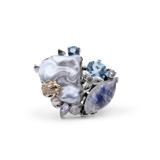 White Keishi Pearl Smooth White Rainbow Moonstone Swiss Blue Topaz London Blue Topaz White Pearl Sky Blue Topaz and Diamond 0.17ct Ring in Sterling Silver with 18K Gold Diamond Pave Adam