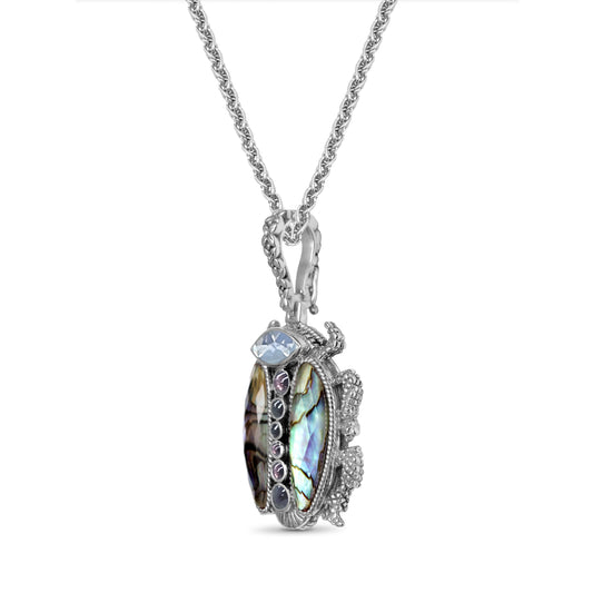 Garden of Stephen Lavender Moon Quartz Rhodolite Garnet Natural Quartz and Abalone Scarab Pendant in Sterling Silver