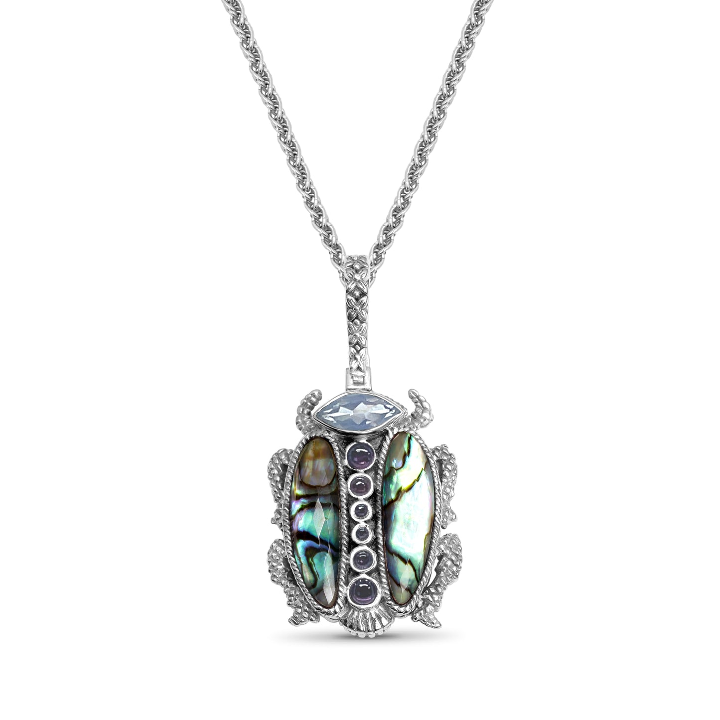 Garden of Stephen Lavender Moon Quartz Rhodolite Garnet Natural Quartz and Abalone Scarab Pendant in Sterling Silver