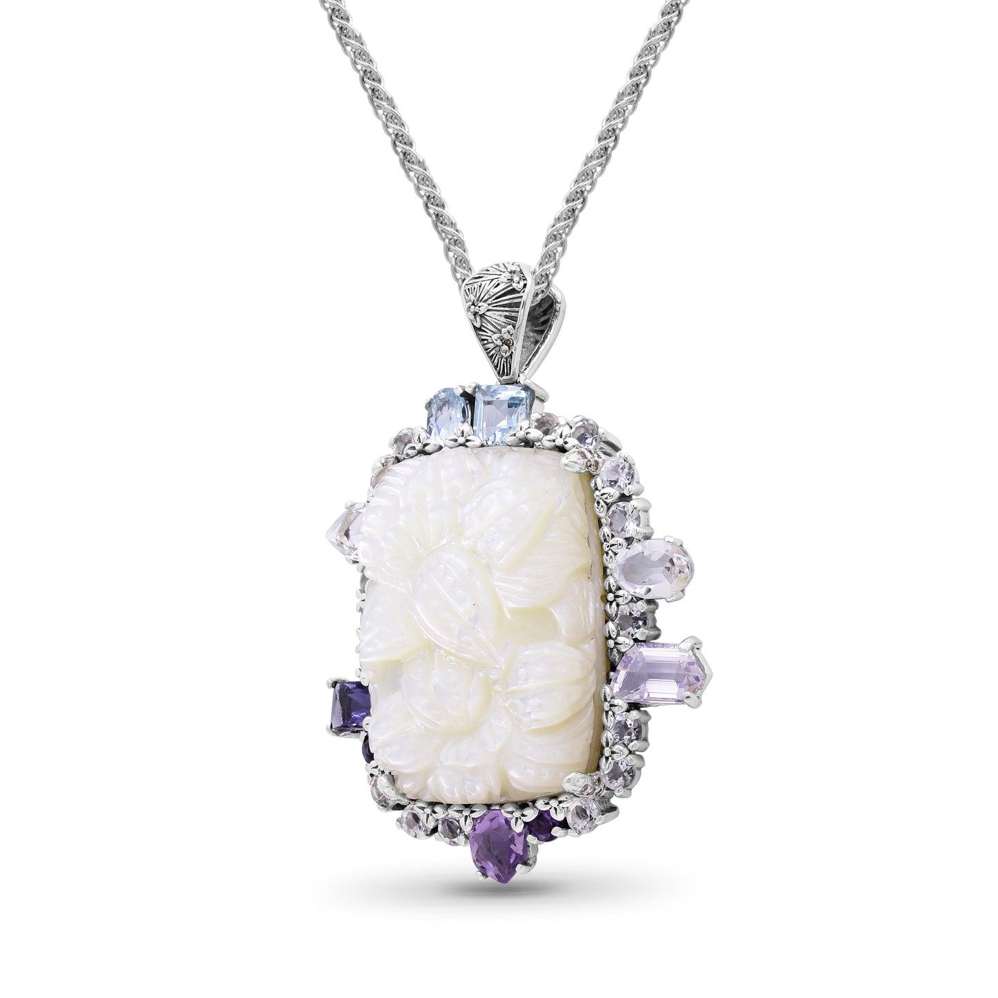 Carventurous Hand Carved Mother of Pearl Lavender Moon Quartz Amethyst Iolite Blue and White Topaz Pendant in Sterling Silver