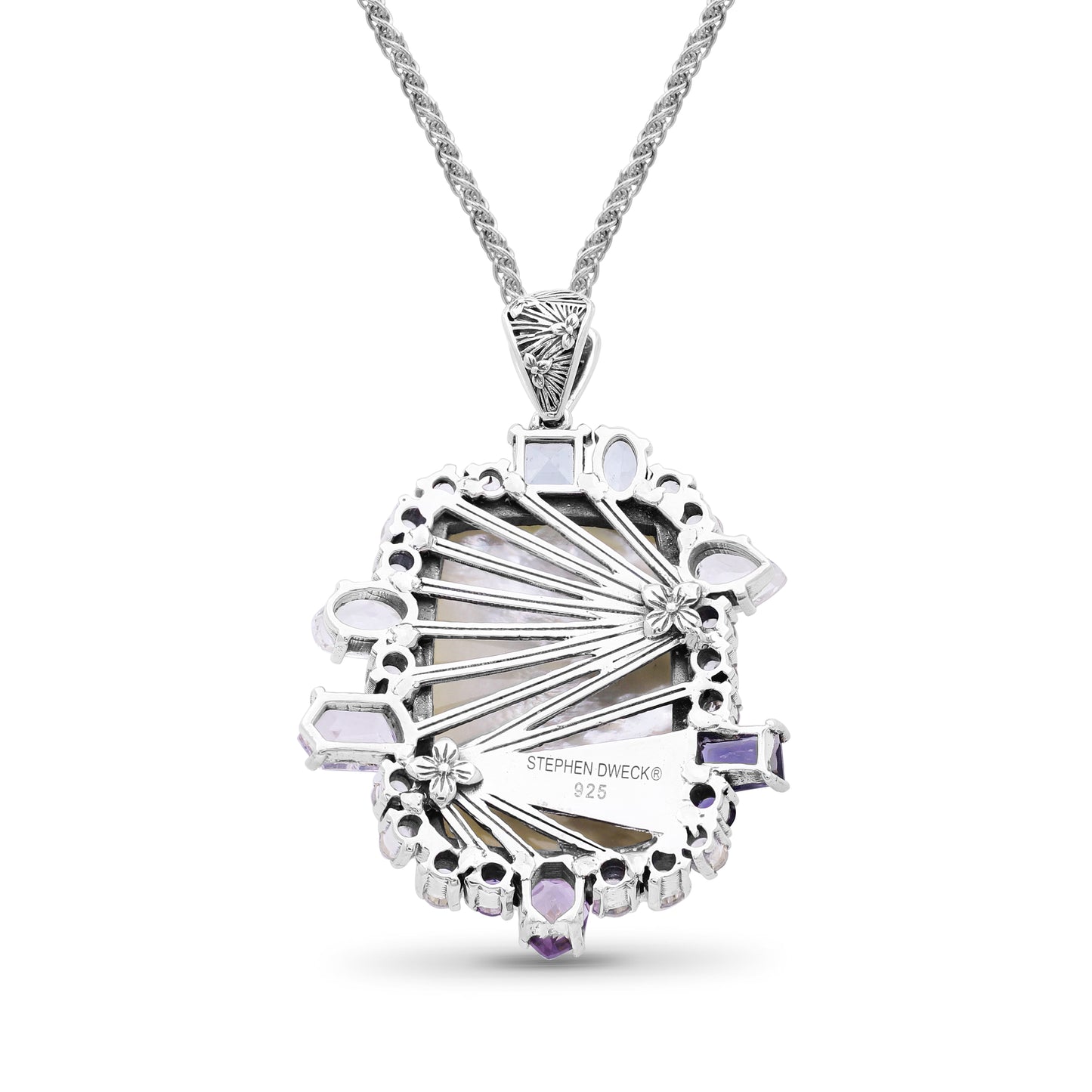 Carventurous Hand Carved Mother of Pearl Lavender Moon Quartz Amethyst Iolite Blue and White Topaz Pendant in Sterling Silver