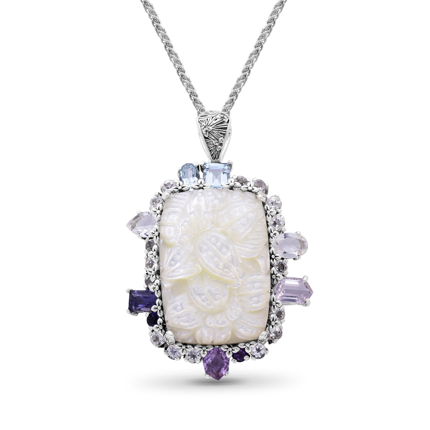 Carventurous Hand Carved Mother of Pearl Lavender Moon Quartz Amethyst Iolite Blue and White Topaz Pendant in Sterling Silver