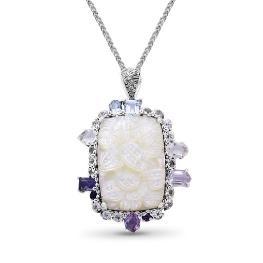 Carventurous Hand Carved Mother of Pearl Lavender Moon Quartz Amethyst Iolite Blue and White Topaz Pendant in Sterling Silver