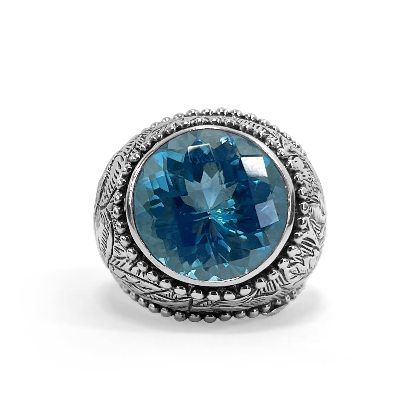 Garden of Stephen Blue Topaz Ring in Engraved Sterling Silver