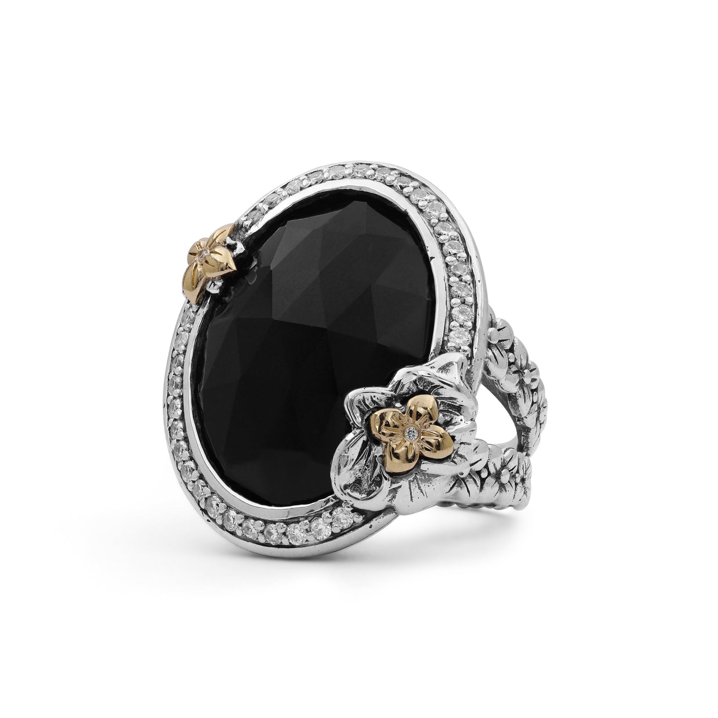 Garden of Stephen Faceted Black Onyx Ring in Sterling Silver with 18K Gold Flowers and Diamond