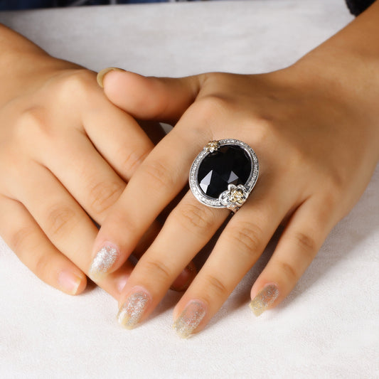 Garden of Stephen Faceted Black Onyx Ring in Sterling Silver with 18K Gold Flowers and Diamond