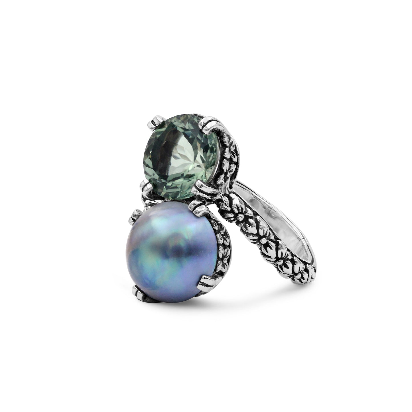Terraquatic Pearl and Faceted Green Prasiolite Ring in Sterling Silver