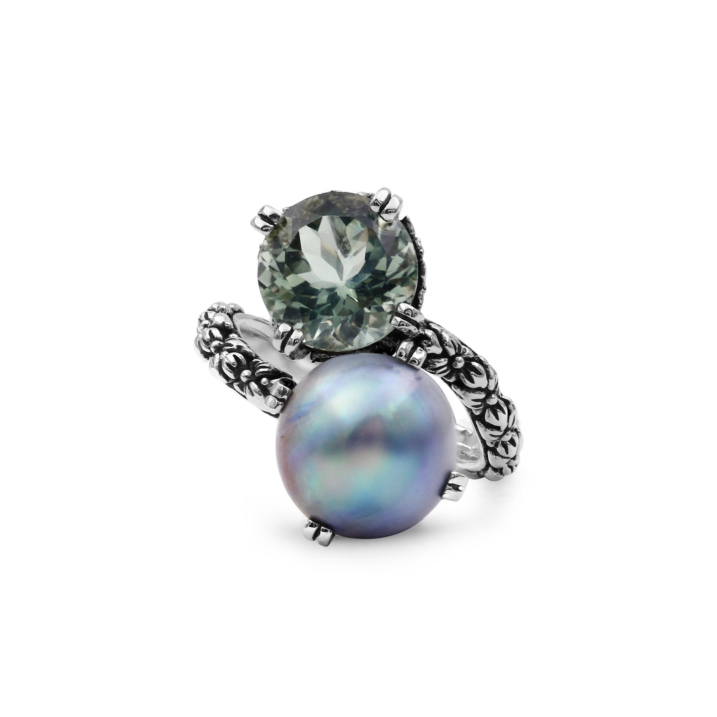 Terraquatic Pearl and Faceted Green Prasiolite Ring in Sterling Silver