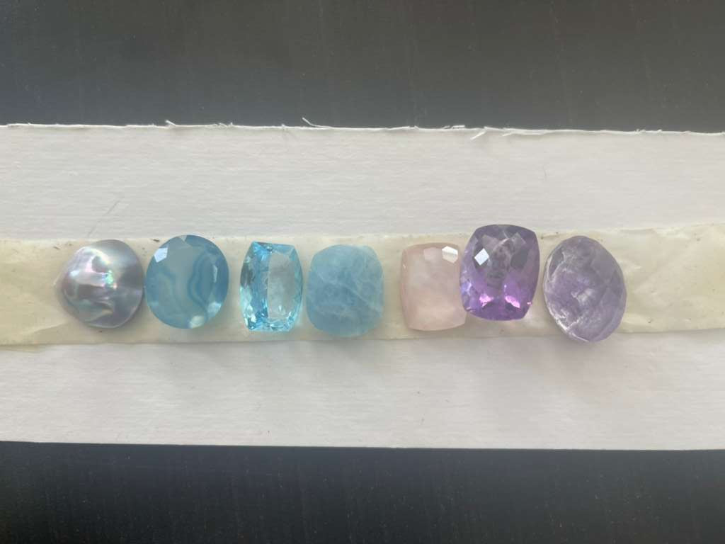 One of A Kind Blister Mabe Blue Agate Blue Topaz Aquamarine Natural Quartz and Amethyst Bracelet in Sterling Silver with 18k Gold adam