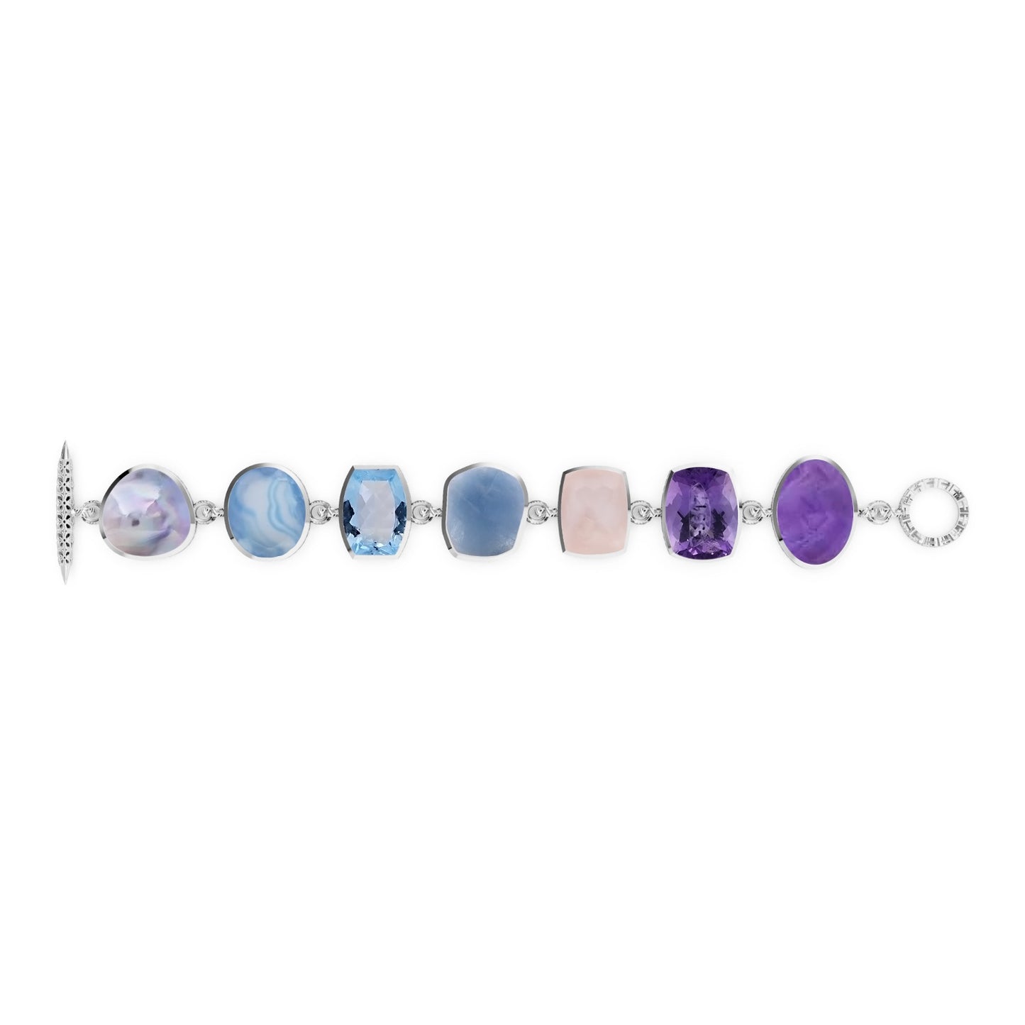 One of A Kind Blister Mabe Blue Agate Blue Topaz Aquamarine Natural Quartz and Amethyst Bracelet in Sterling Silver with 18k Gold adam