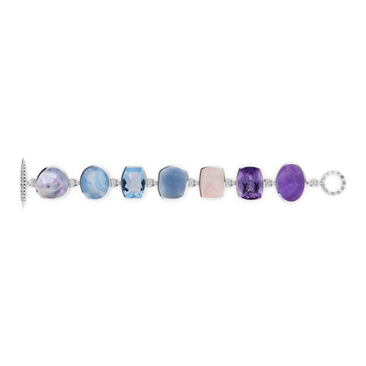 One of A Kind Blister Mabe Blue Agate Blue Topaz Aquamarine Natural Quartz and Amethyst Bracelet in Sterling Silver with 18k Gold adam