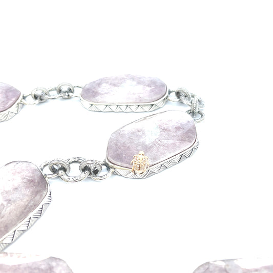 One of a Kind Faceted Natural Quartz and Lepidolite Mica Necklace in Sterling Silver with 18K Gold Diamond Pave Adam