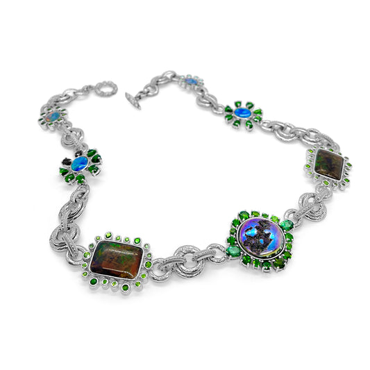 One of a Kind Ammolite Opal Druzy Chrome Diopside and Green Tourmaline Necklace in Sterling Silver