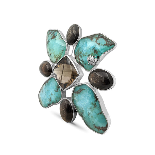 One of a Kind American Turquoise Natural Quartz Sunstone Smoky Quartz Maltes Pin in Sterling Silver with Adam