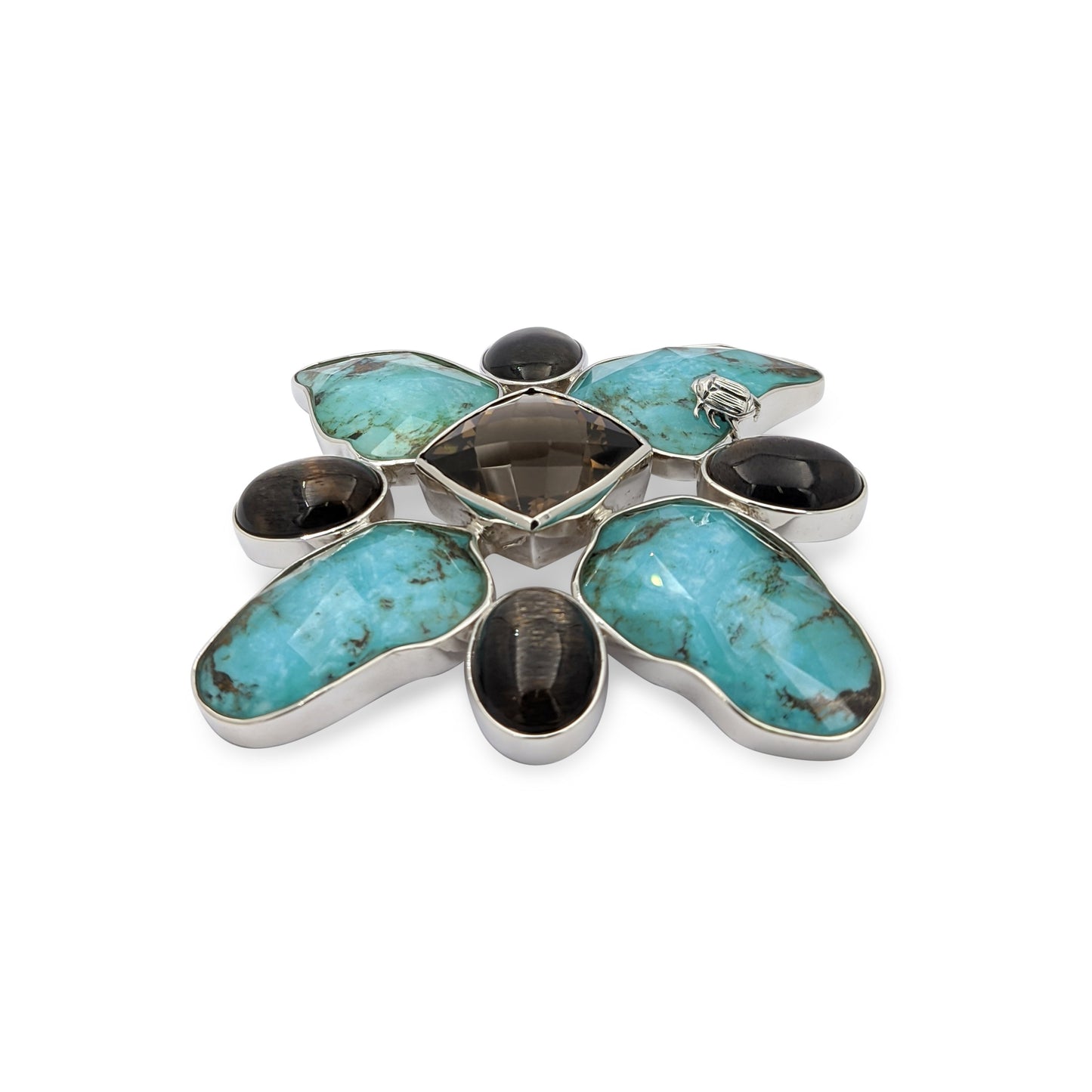 One of a Kind American Turquoise Natural Quartz Sunstone Smoky Quartz Maltes Pin in Sterling Silver with Adam