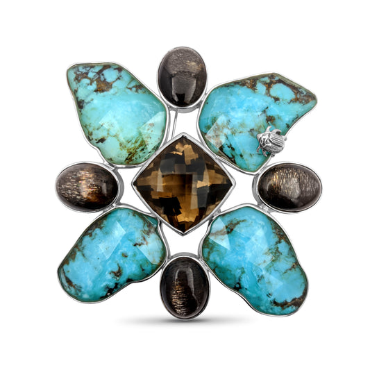 One of a Kind American Turquoise Natural Quartz Sunstone Smoky Quartz Maltes Pin in Sterling Silver with Adam