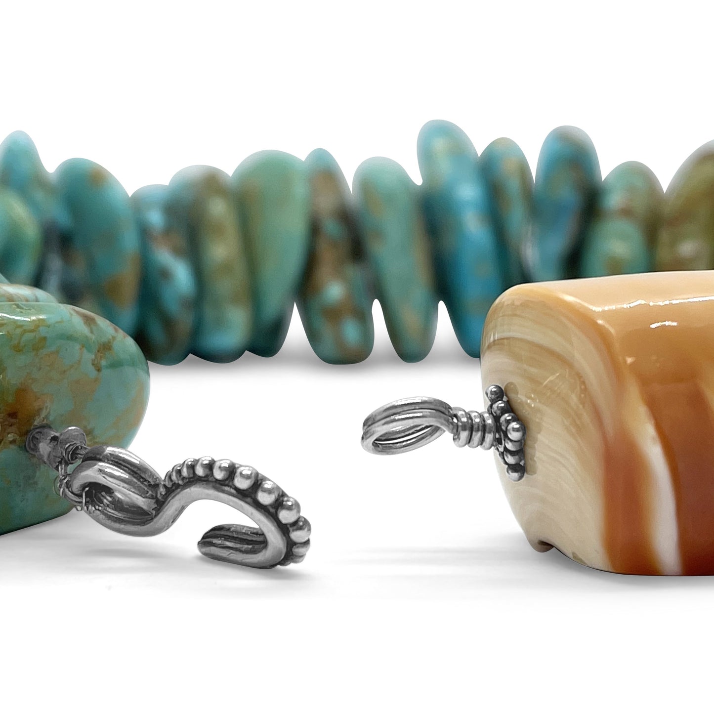 One of a Kind Natural American Turquoise Carniola Shell Hook Necklace in Sterling Silver