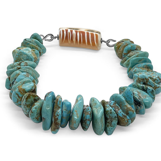 One of a Kind Natural American Turquoise Carniola Shell Hook Necklace in Sterling Silver