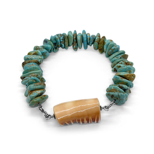 One of a Kind Natural American Turquoise Carniola Shell Hook Necklace in Sterling Silver