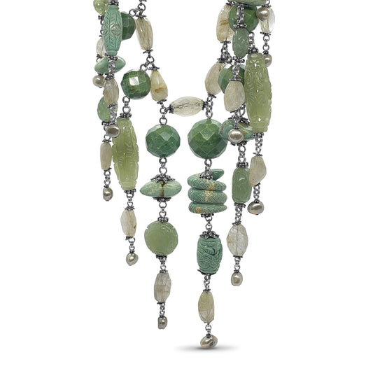 One of a Kind 11 Strand Necklace with Gold Rutilated Quartz, American Turquoise, Jade and Silver Pearls in Sterling Silver