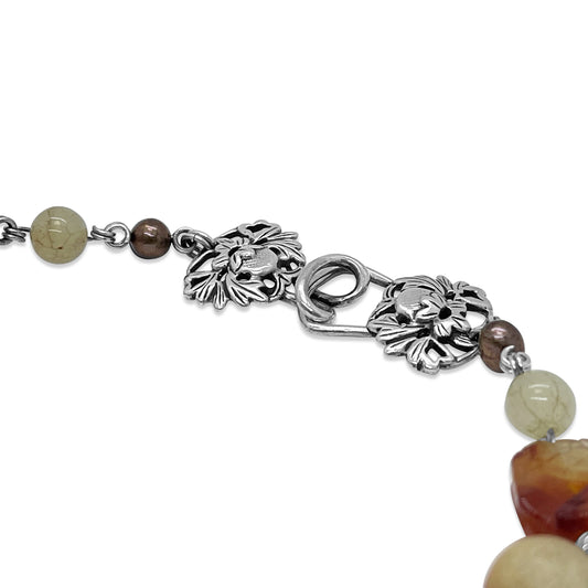 One of a Kind Carved Natural Quartz Over Red Abalone, Carved Jade, Scrinshaw Inlay Coral, Carved Bone, Carnelian and Pearl Necklace in Sterling Silver