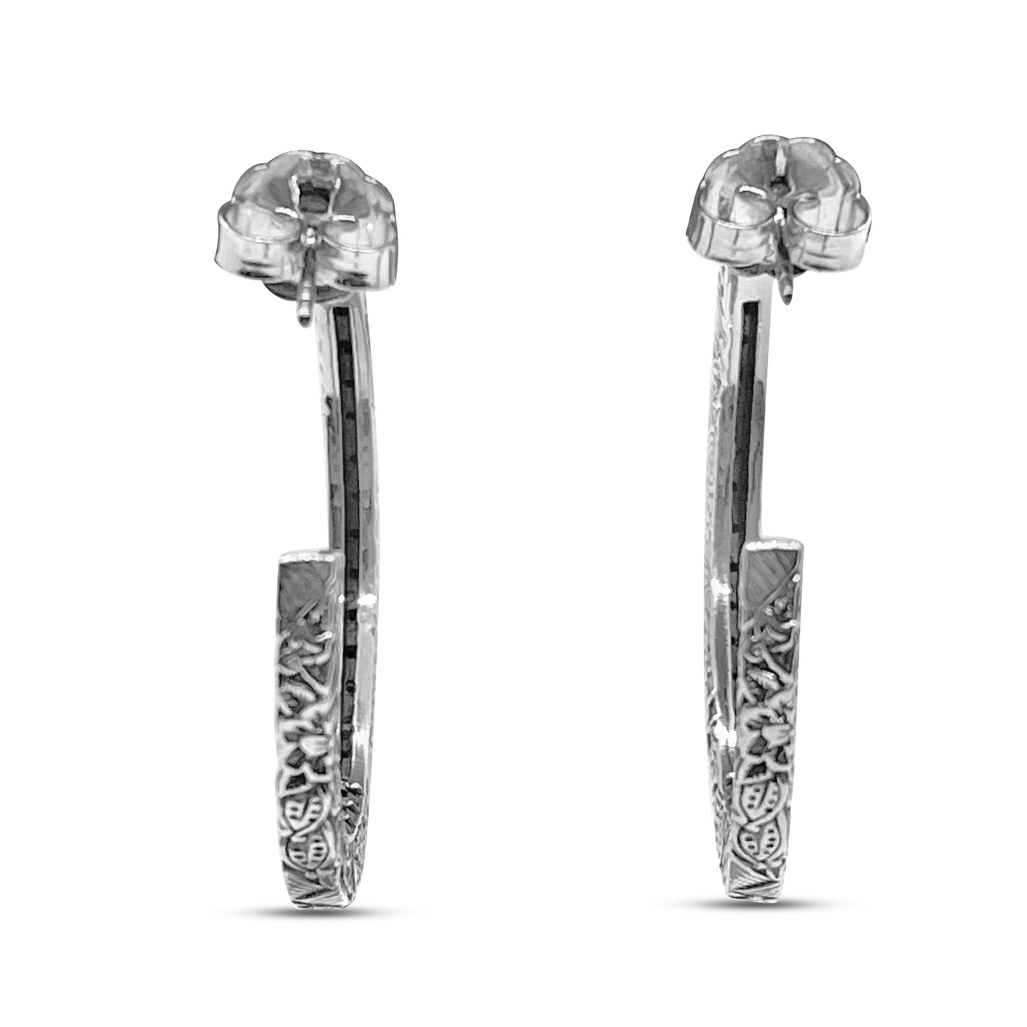 Kyoto Black Diamond 3.60ct Hoop Earrings in Engraved Sterling Silver
