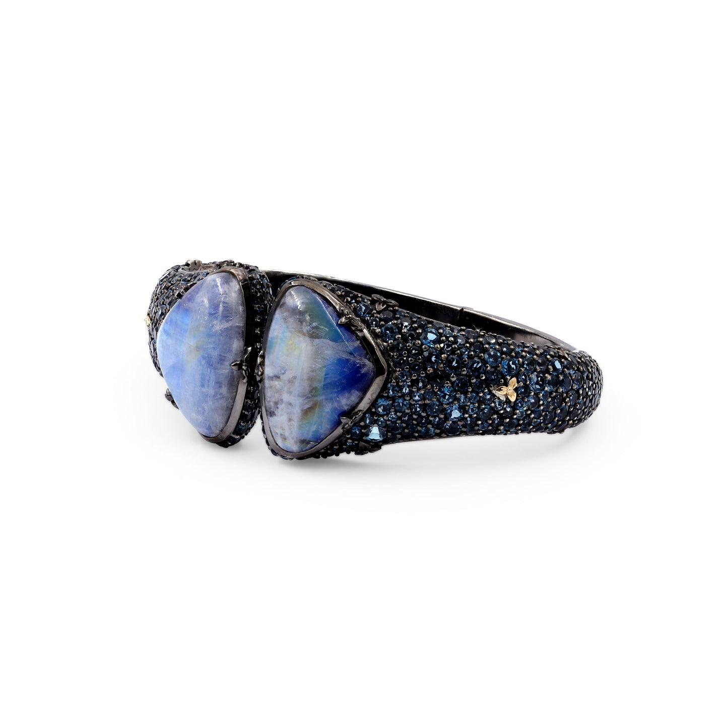 Garden of Stephen Rainbow Moonstone and London Blue Topaz Open and Close Bangle in Sterling Silver With 18K Gold Flowers