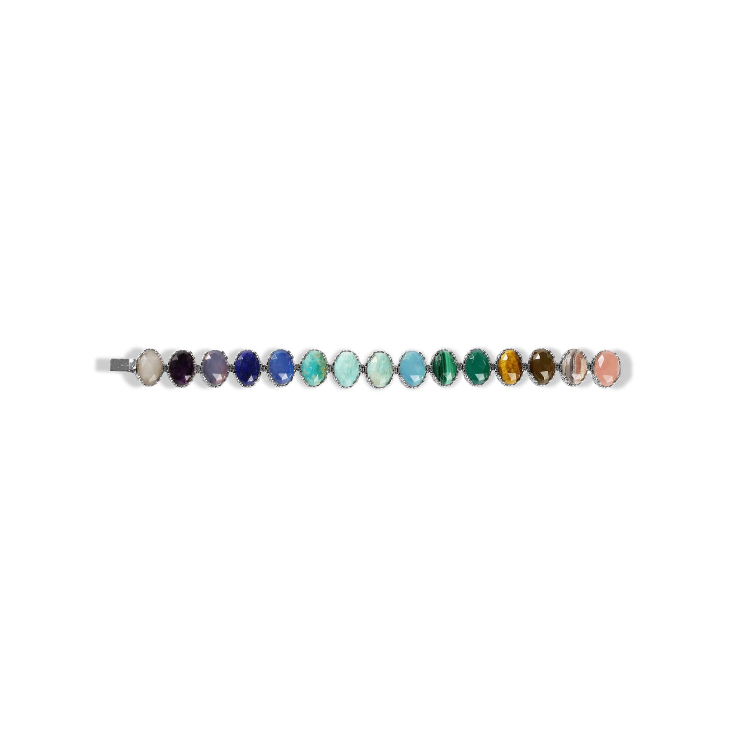 Garden of Stephen Amethyst Lapis Chrysocolla Turquoise Amazonite Malachite Agate Vessonite Moonstone Tiger Eye Cognac Quartz Sunstone Carnelian Rhodochrosite and Guava Quartz Bracelet in Sterling Silver