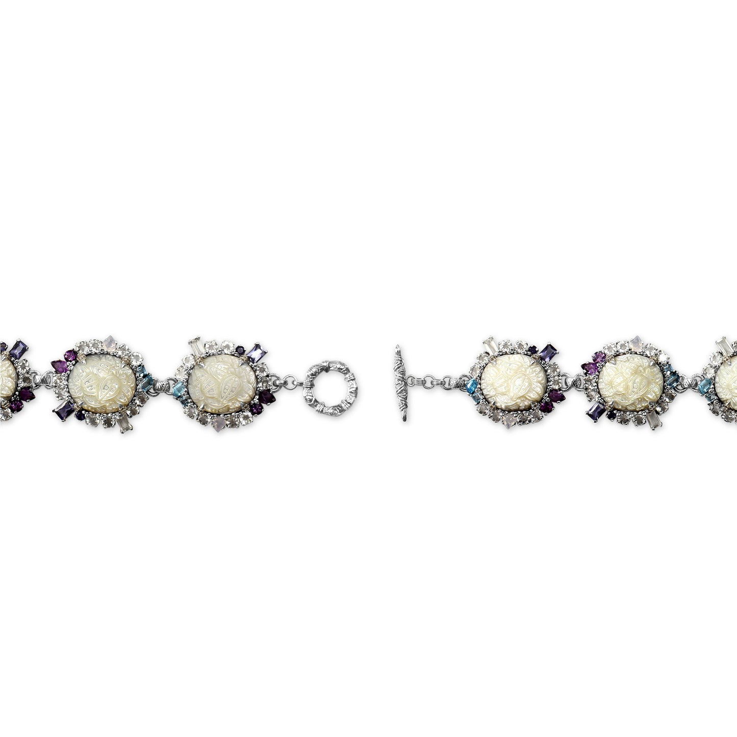 Carventurous Hand Carved Mother of Pearl Lavender Moon Quartz Amethyst Iolite Blue and White Topaz Bracelet in Sterling Silver
