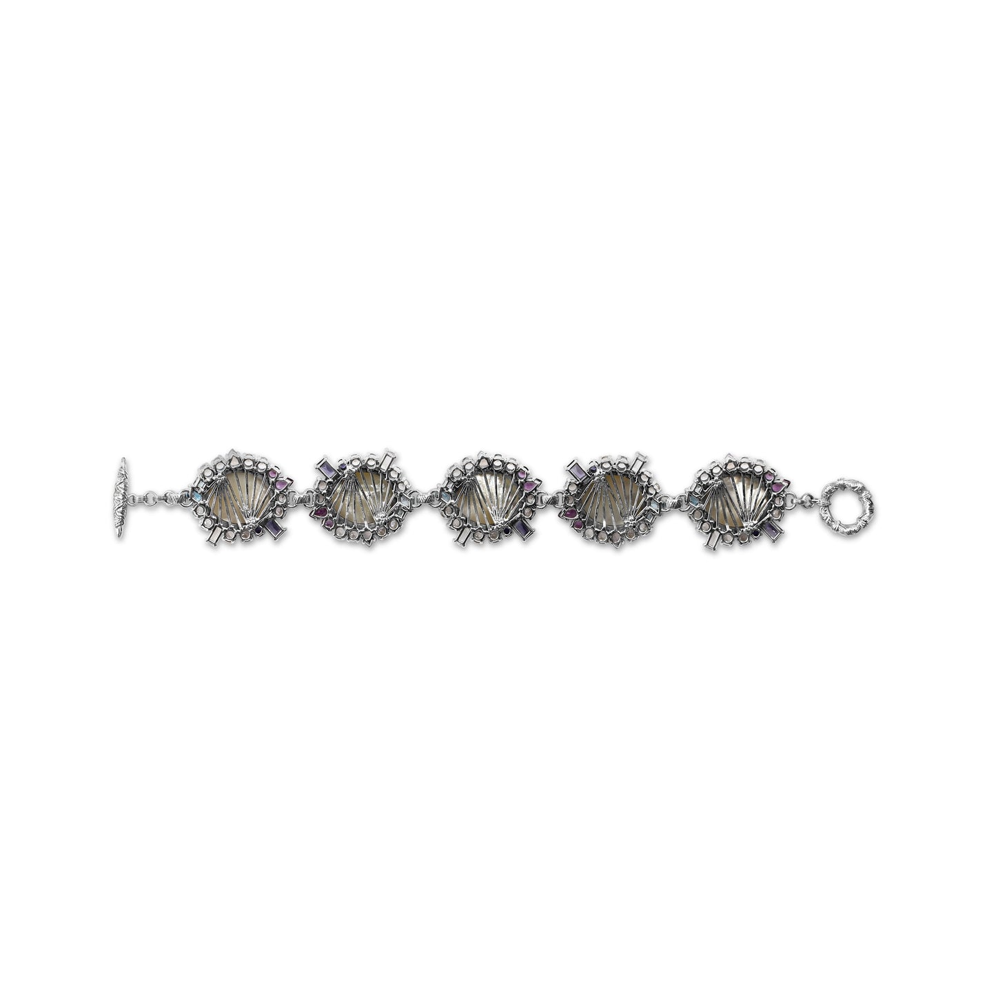 Carventurous Hand Carved Mother of Pearl Lavender Moon Quartz Amethyst Iolite Blue and White Topaz Bracelet in Sterling Silver