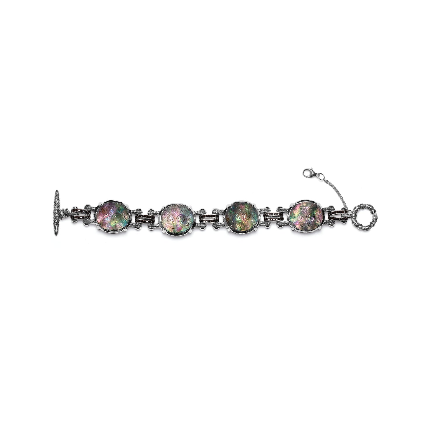 Carventurous Hand Carved Natural Quartz Abalone and Black Diamond Bracelet in Sterling Silver