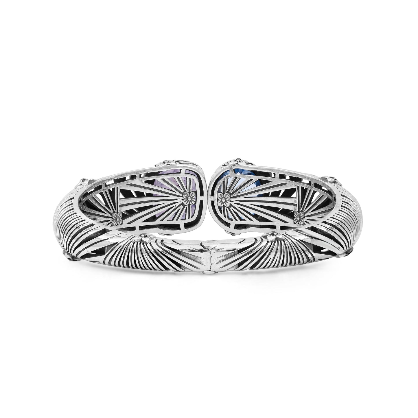 Carventurous Faceted Blue Topaz Hand Carved Natural Quartz Mother of Pearl and Green Agate Open and Close Bangle in Sterling Silver