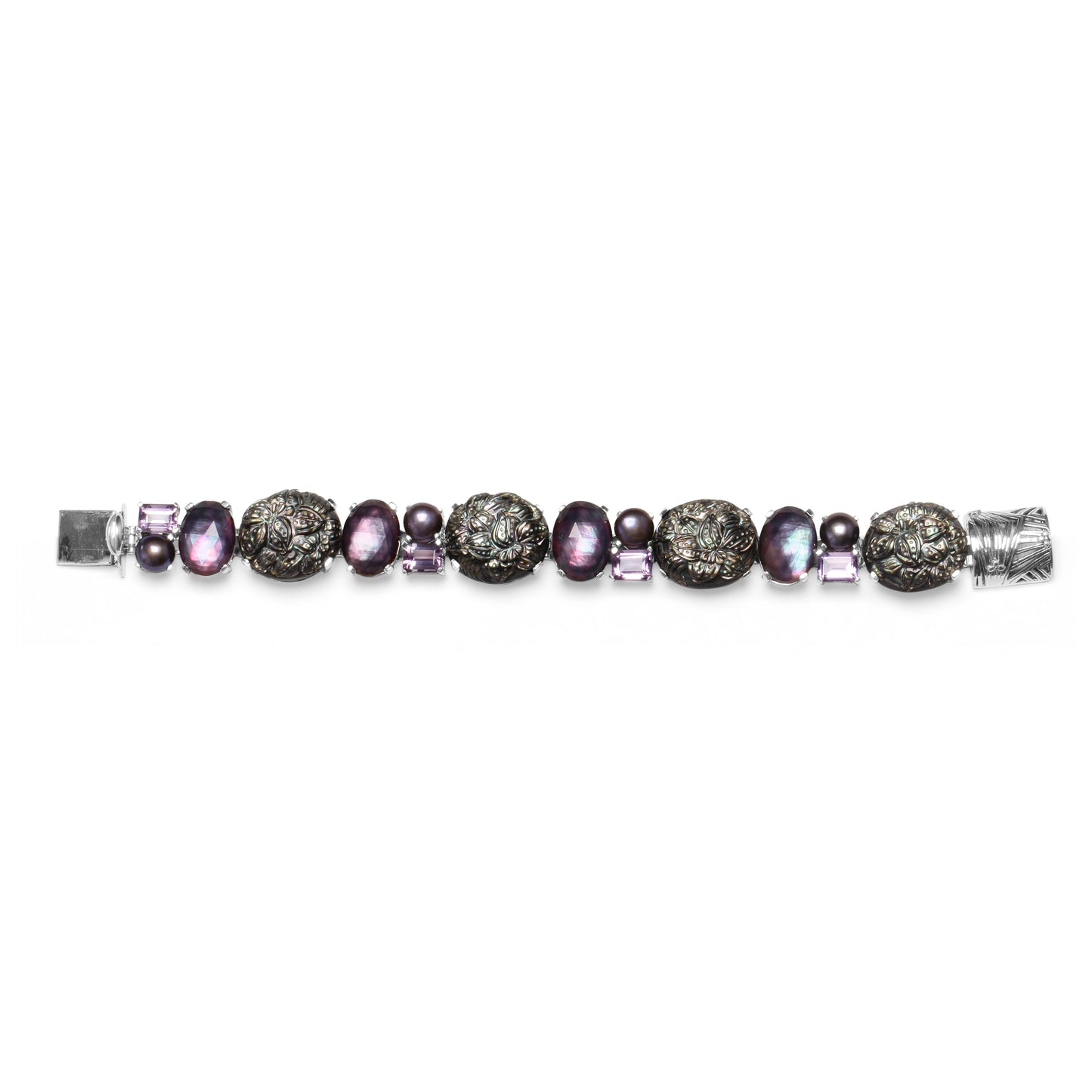 Hand Carved Black Tahitian Mother of Pearl Amethyst Pearls Natural Quartz and Plum Tint Mother of Pearl Bracelet in Sterling Silver