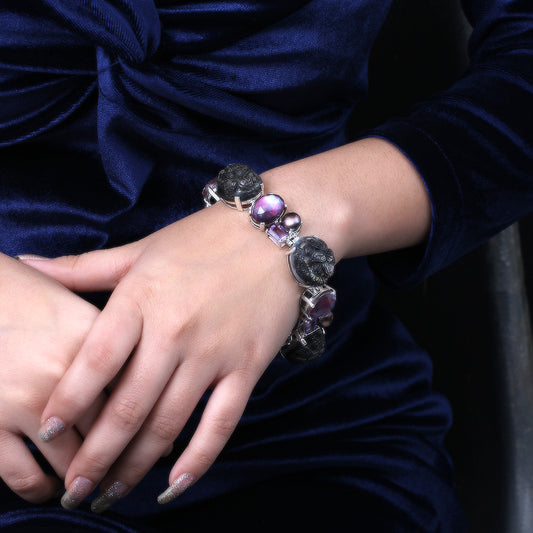 Hand Carved Black Tahitian Mother of Pearl Amethyst Pearls Natural Quartz and Plum Tint Mother of Pearl Bracelet in Sterling Silver