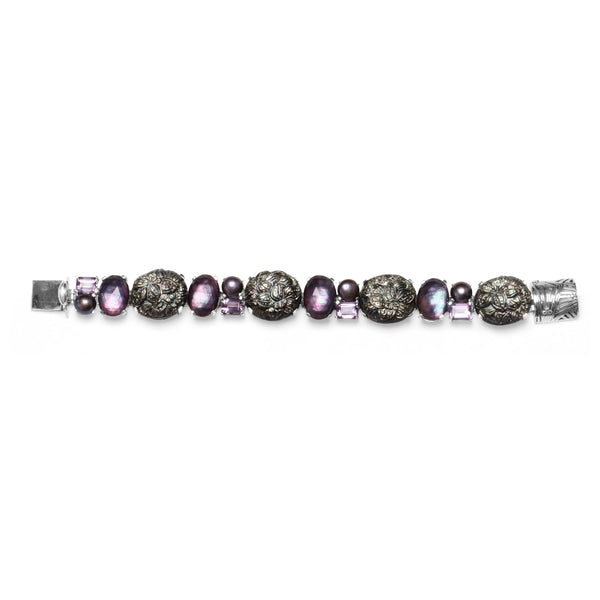 Hand Carved Black Tahitian Mother of Pearl Amethyst Pearls Natural Quartz  and Plum Tint Mother of Pearl Bracelet in Sterling Silver