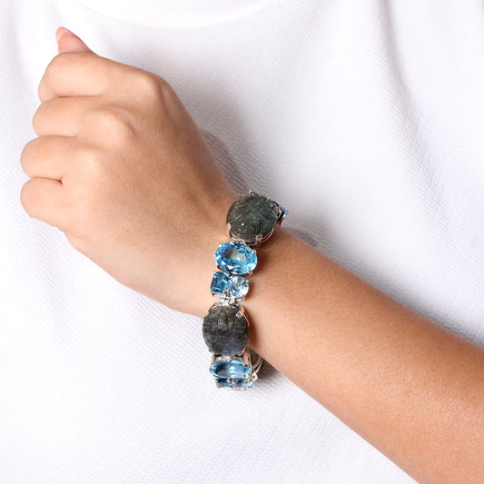 Terraquatic Hand Carved Labradorite London and Sky Blue Topaz Bracelet in Sterling Silver