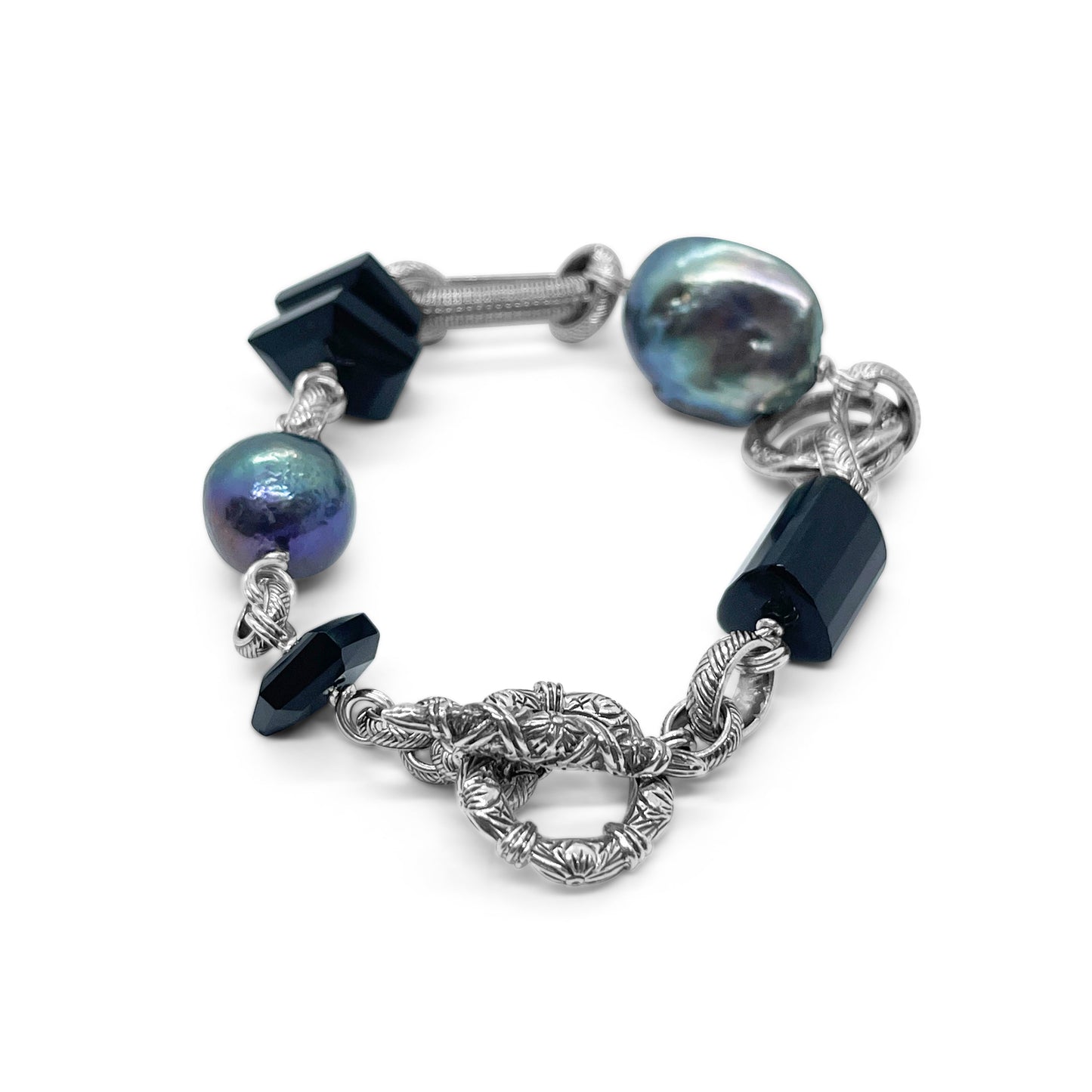 Terraquatic Black Agate and Pearl Bracelet in Sterling Silver