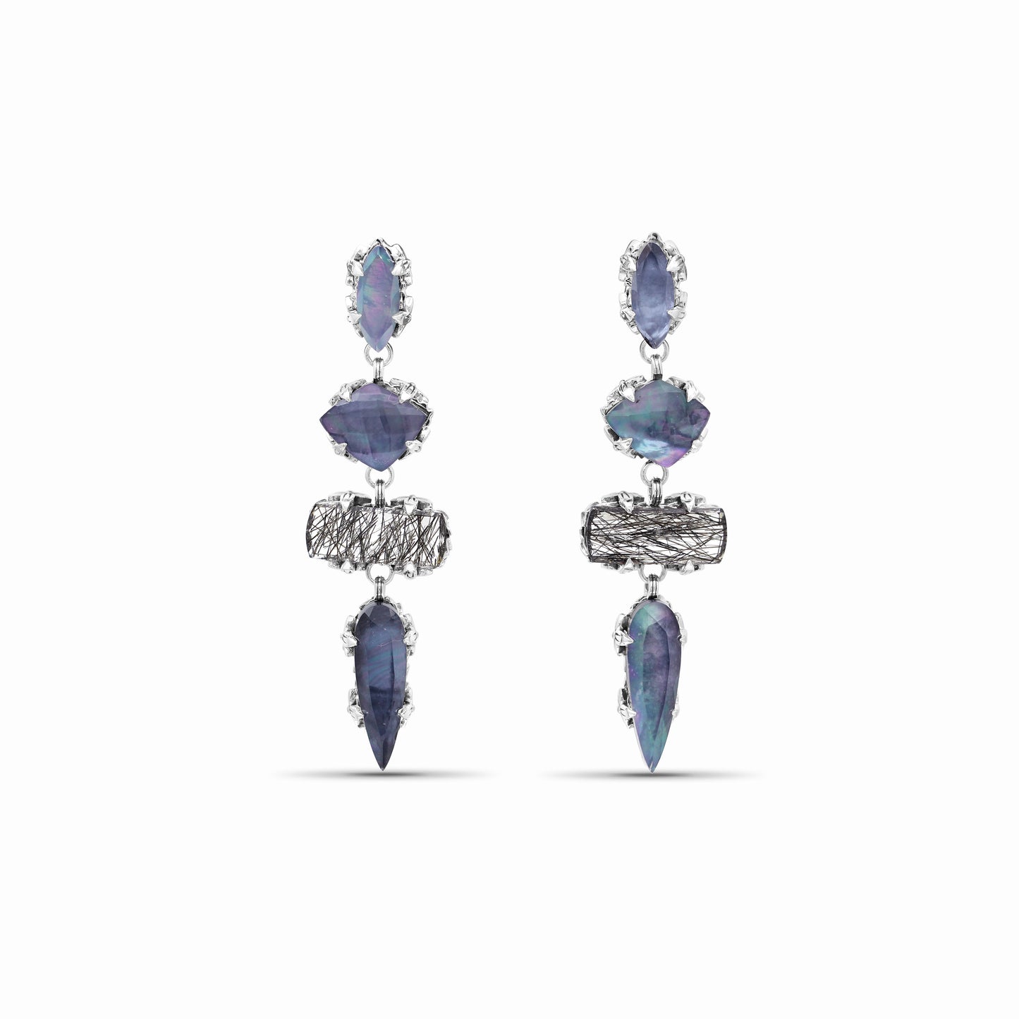 Garden of Stephen Natural Quartz Mother of Pearl Black Hair Rutilated Quartz Black Agate Dangle Earrings in Sterling Silver