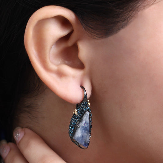 Garden of Stephen Rainbow Moonstone and London Blue Topaz Earrings in Sterling Silver with 18K Gold Flowers