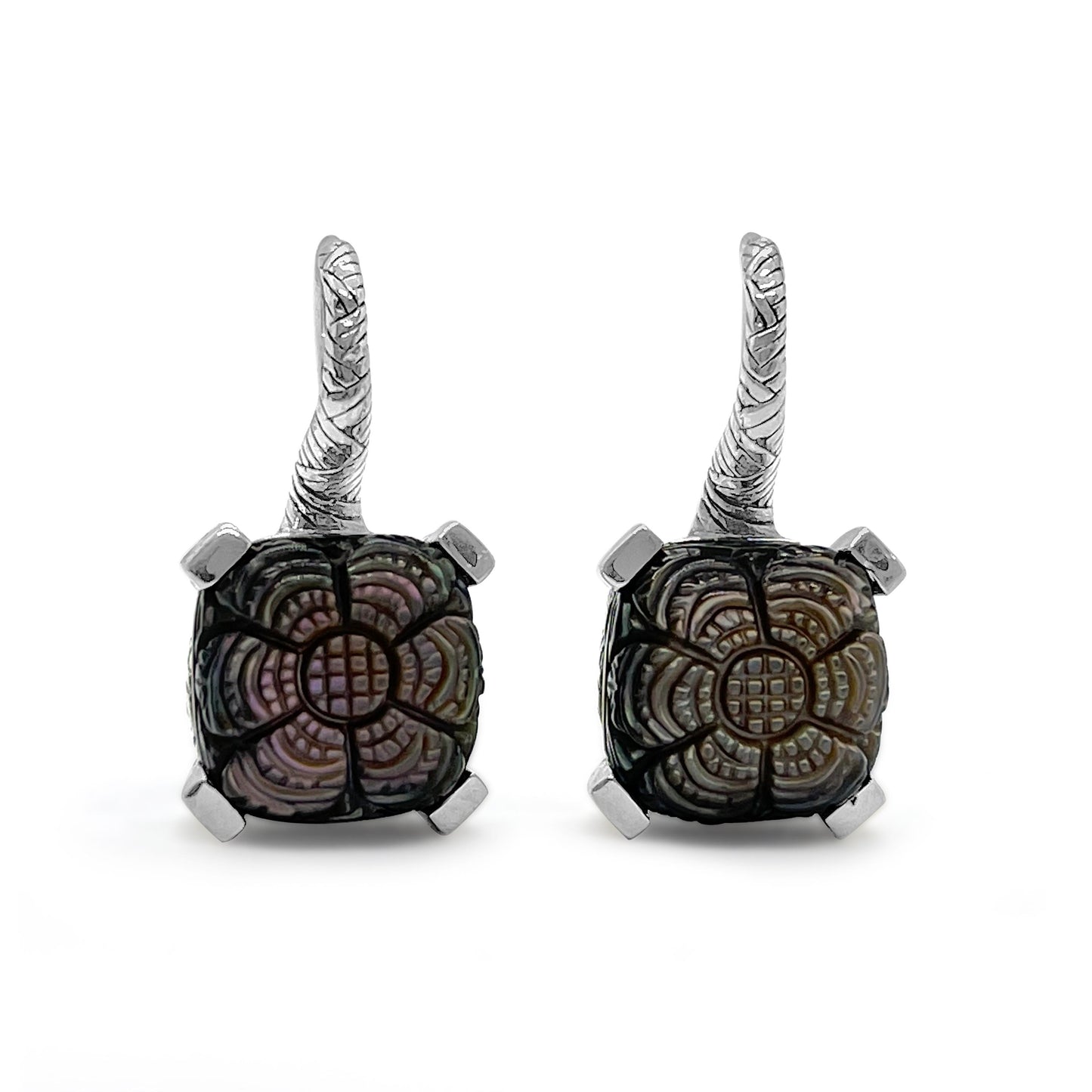 Carventurous Hand Carved Mother of Pearl Earrings in Sterling Silver
