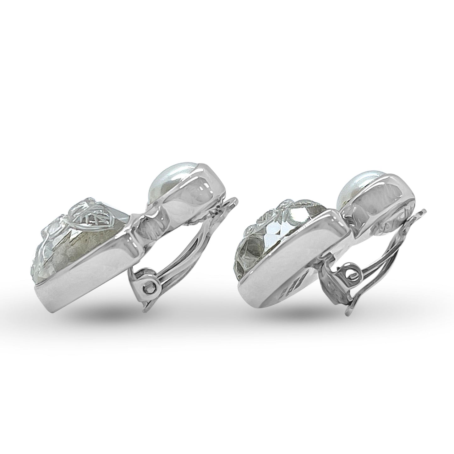 Carventurous White Pearl Hand Carved Natural Quartz and Mother of Pearl Clip Earrings in Sterling Silver