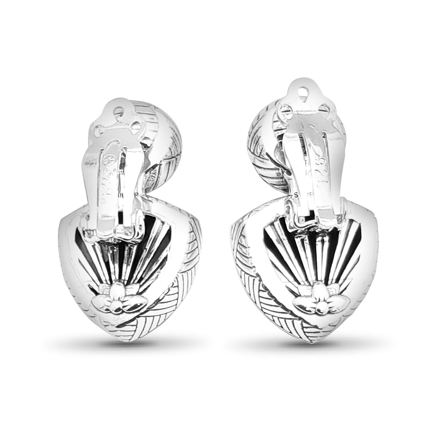 Carventurous Silver Pearl Hand Carved Natural Quartz and Mother of Pearl Clip Earrings in Sterling Silver