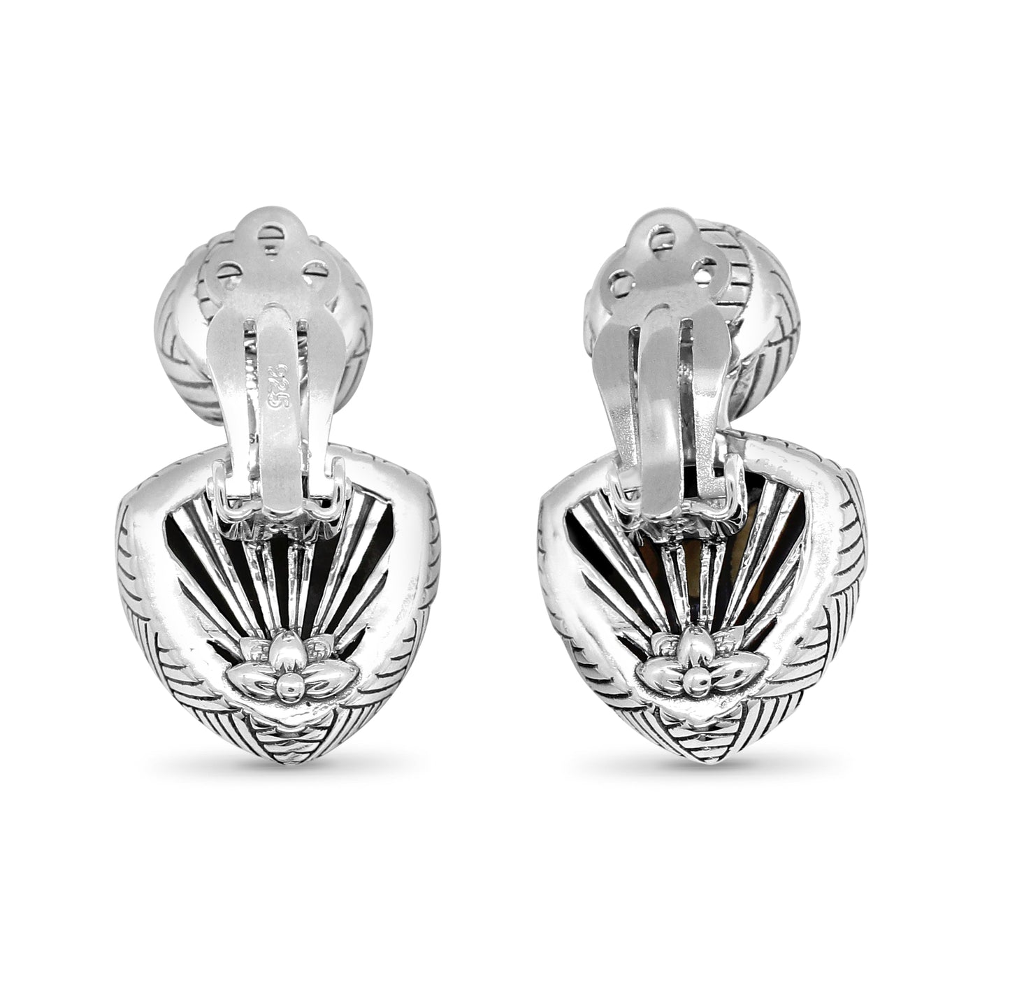 Carventurous Peacock Pearl Hand Carved Natural Quartz and Mother of Pearl Clip Earrings in Sterling Silver