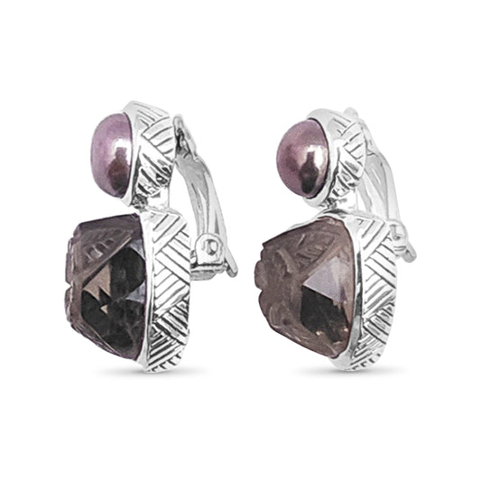 Carventurous Golden Pearl and Hand Carved Smoky Quartz Clip Earrings in Sterling Silver